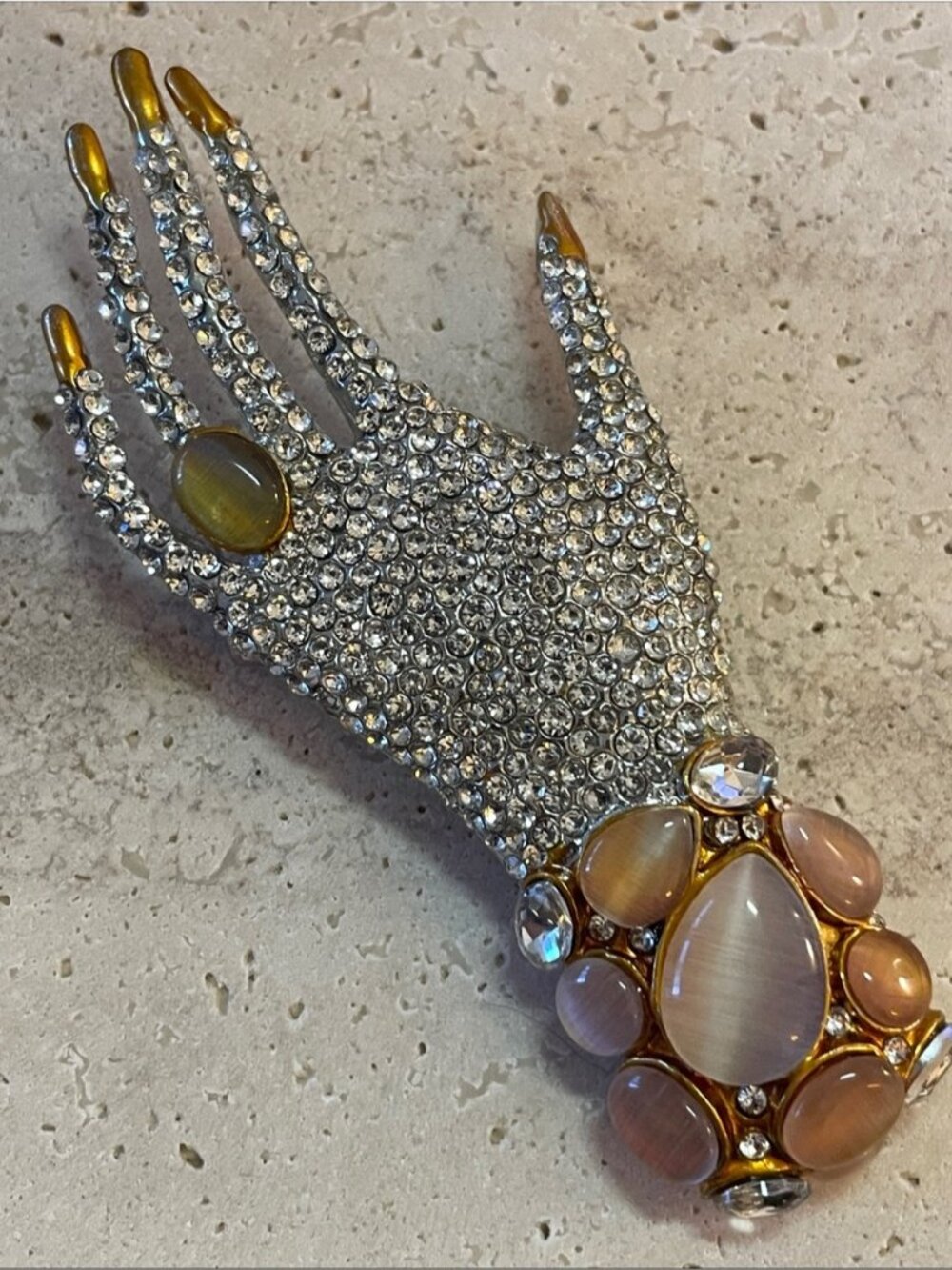 Saks Fifth Avenue Gold Crystal Hand Brooch Statement Pin Cabochon Stones